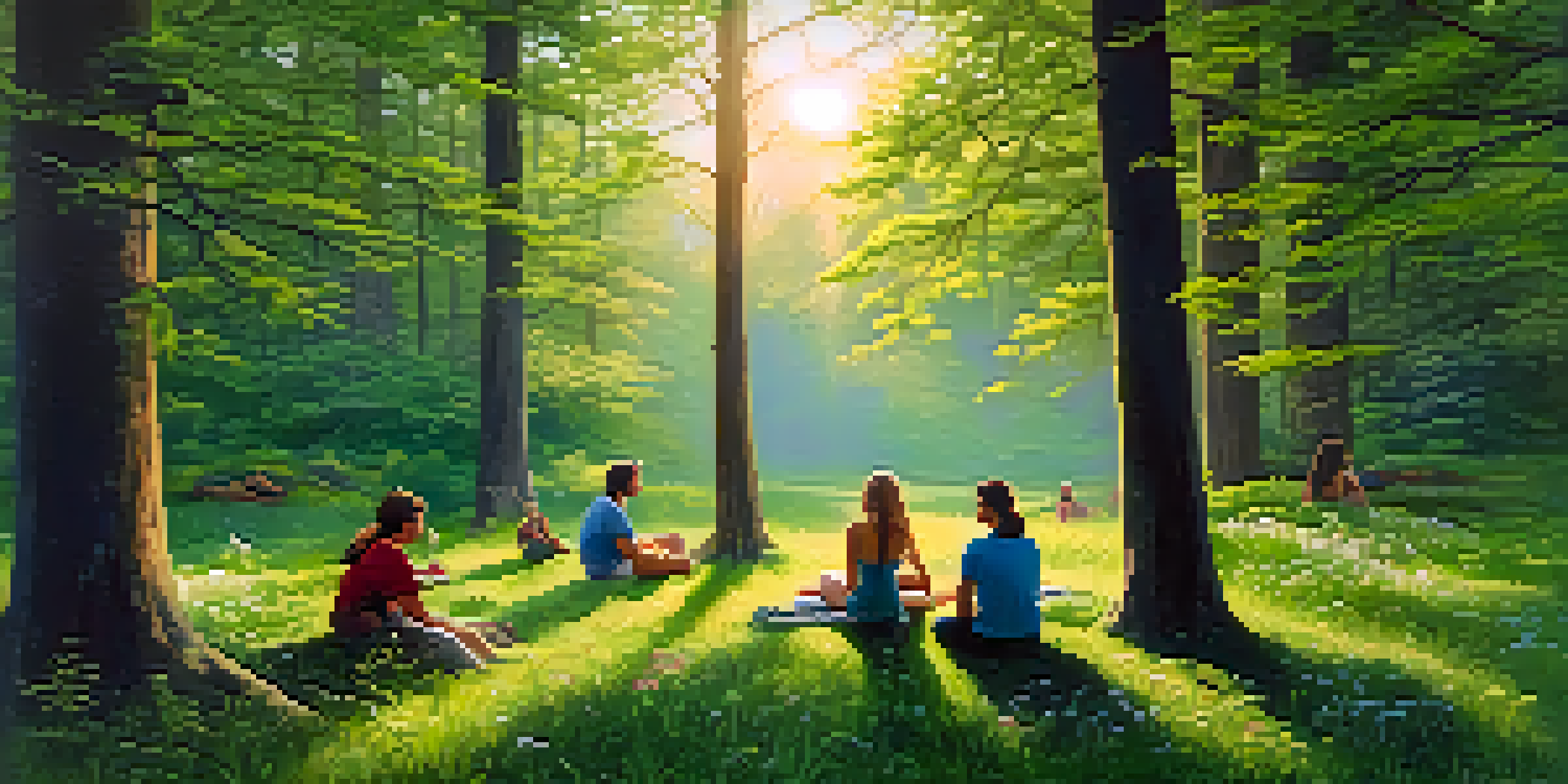 A peaceful forest with sunlight shining through the trees, where a group of people are sitting in a circle, symbolizing connection and discussion.