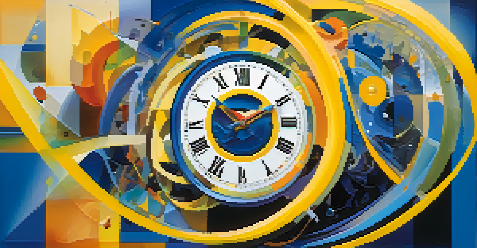 An abstract image depicting a swirling clock face with melting numbers, surrounded by vibrant colors and geometric shapes.