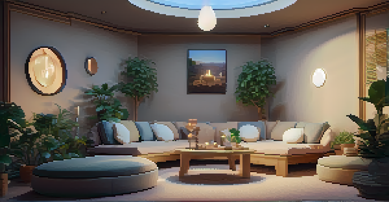 A cozy room with cushions arranged in a circle, ambient lighting, and an altar at the center, with people sharing experiences.