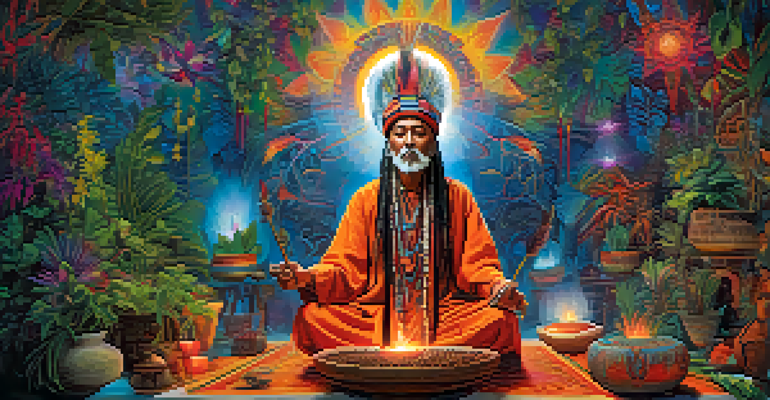 A shaman performing a ritual surrounded by colorful plants and glowing patterns, symbolizing altered states of consciousness.