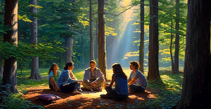 A diverse group of people sitting in a circle on colorful cushions in a serene forest at dawn, with sunlight filtering through the trees.