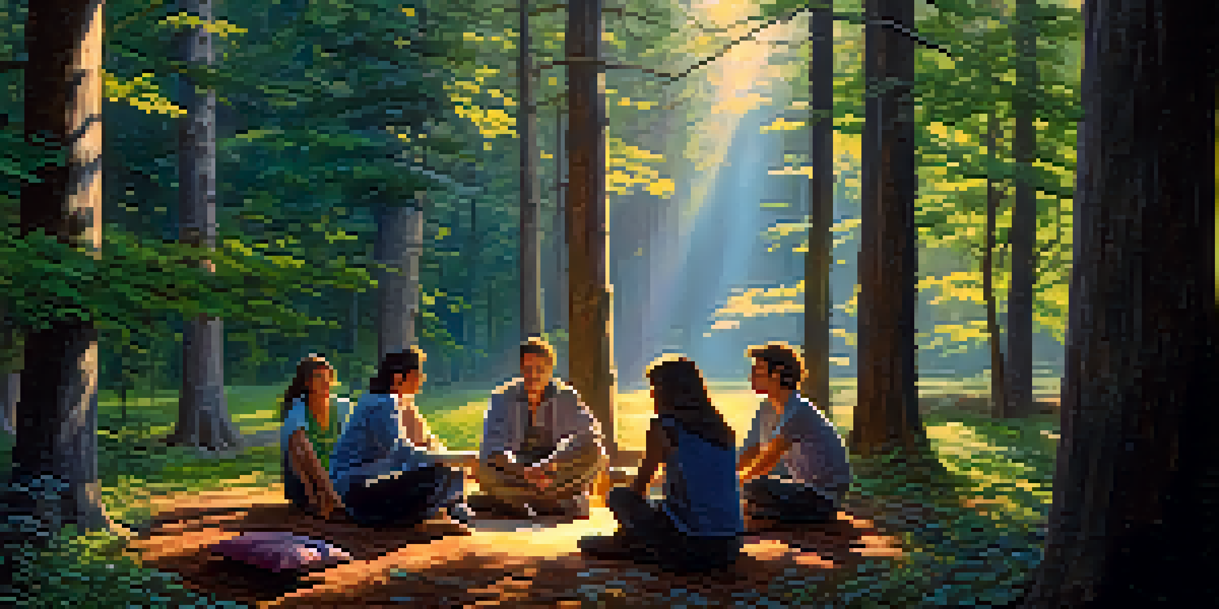 A diverse group of people sitting in a circle on colorful cushions in a serene forest at dawn, with sunlight filtering through the trees.