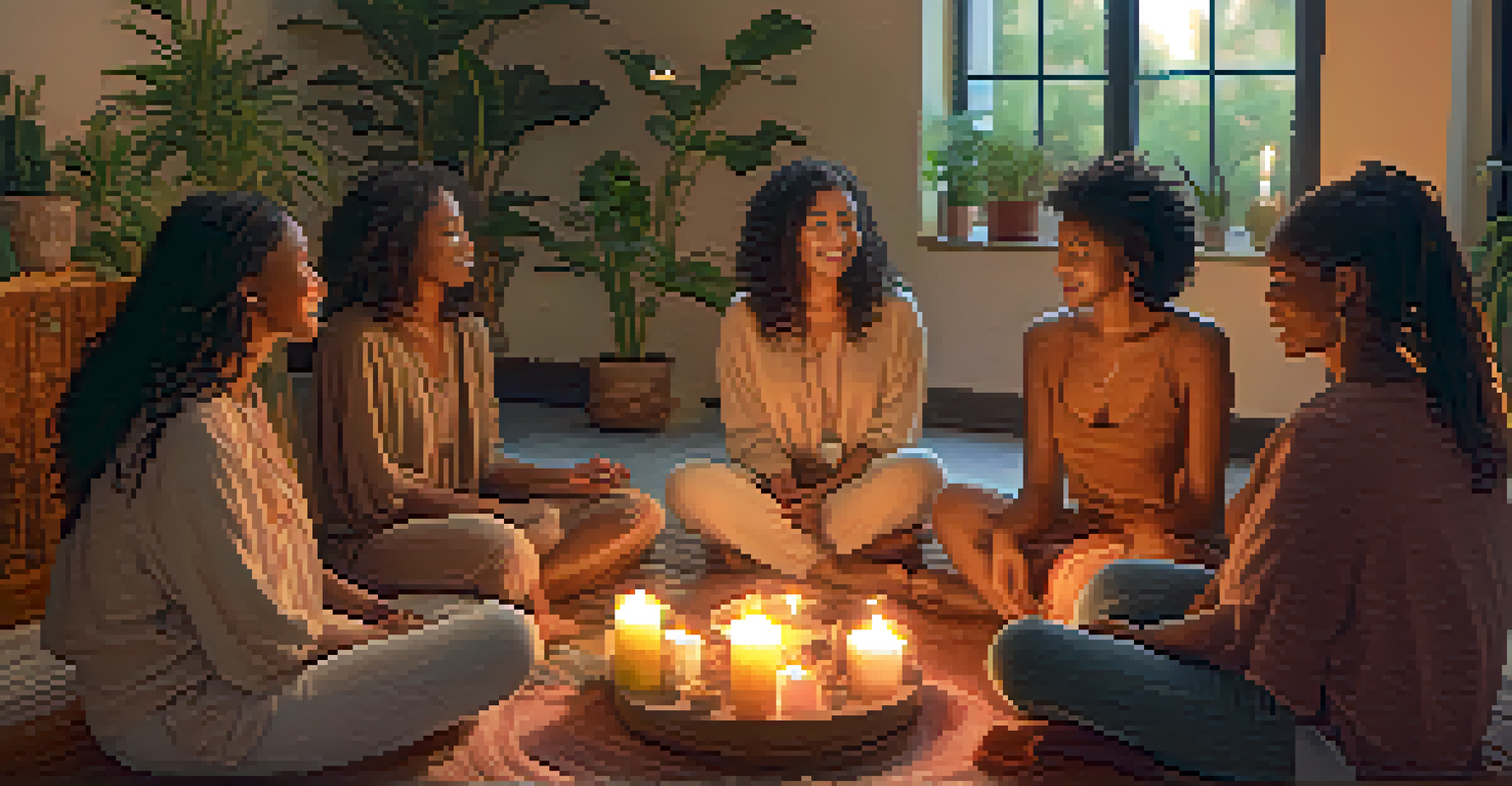 A group of women gathered in a candle-lit room, sharing experiences and emotions related to entheogens, surrounded by plants and art.
