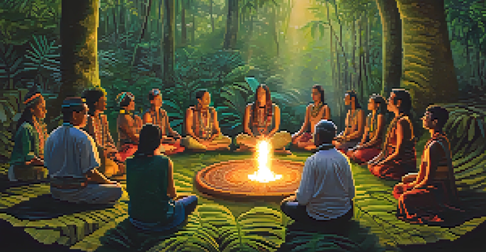 A group of people participating in an Ayahuasca ceremony in the Amazon rainforest, surrounded by trees and colorful decorations.