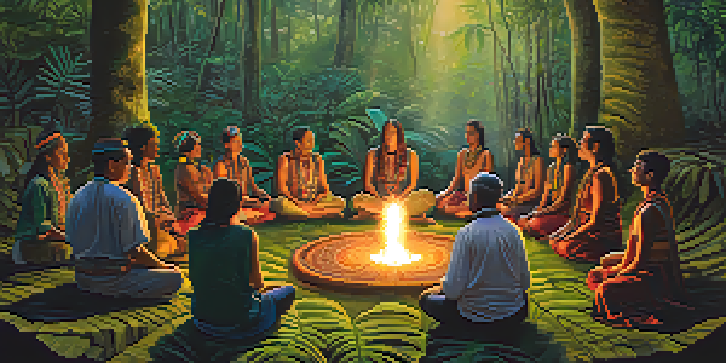 A group of people participating in an Ayahuasca ceremony in the Amazon rainforest, surrounded by trees and colorful decorations.