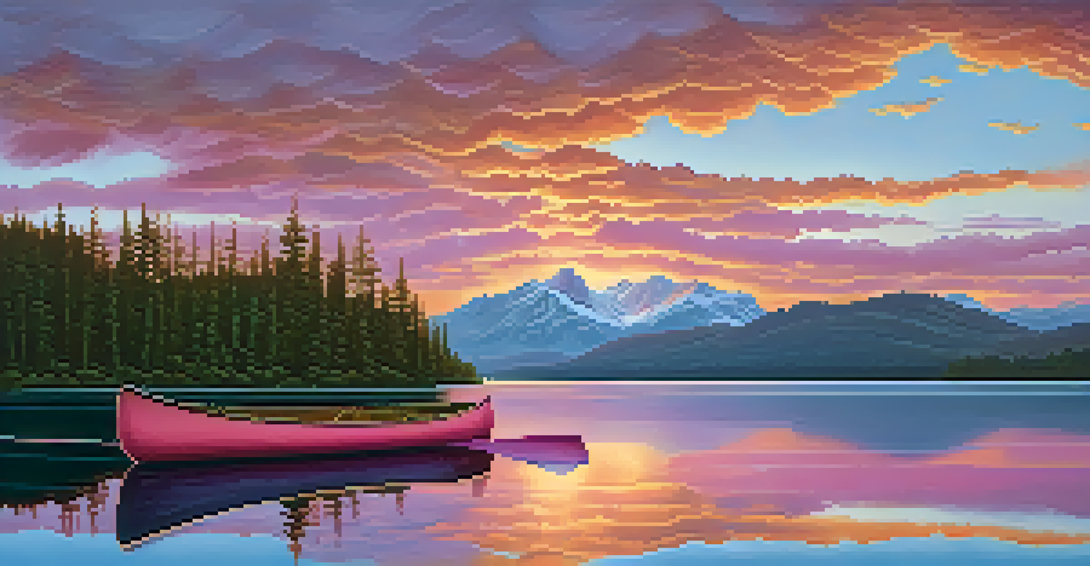 A tranquil lake at sunset with mountains in the background and a canoe floating on the water.
