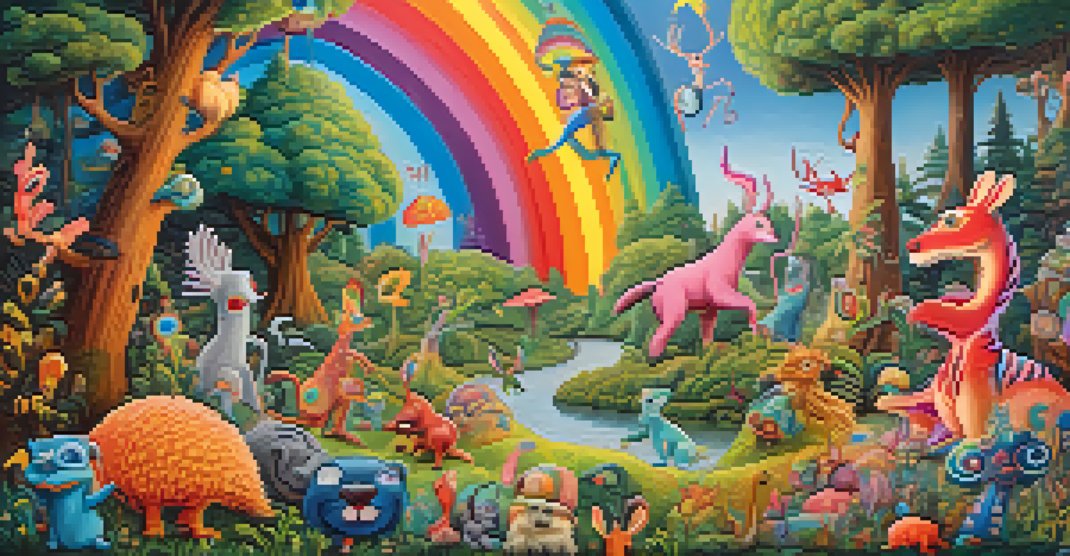 A playful scene with quirky, colorful creatures in a psychedelic forest filled with twisting trees, glowing flowers, and a rainbow sky.