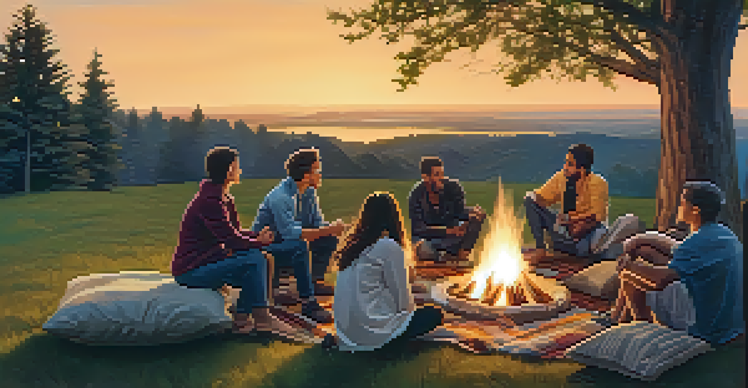 A cozy outdoor gathering at dusk around a fire pit, with people engaged in conversation amidst a natural setting.