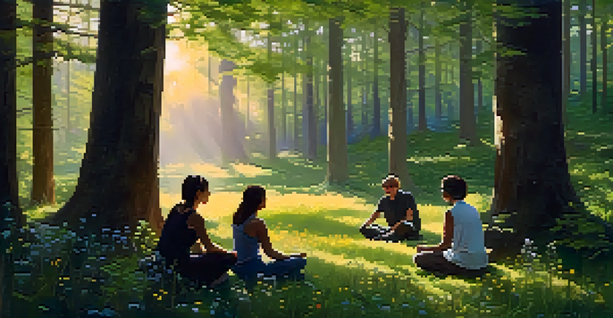 A peaceful forest clearing at dusk with a diverse group of people meditating in a circle, surrounded by greenery and soft golden light.