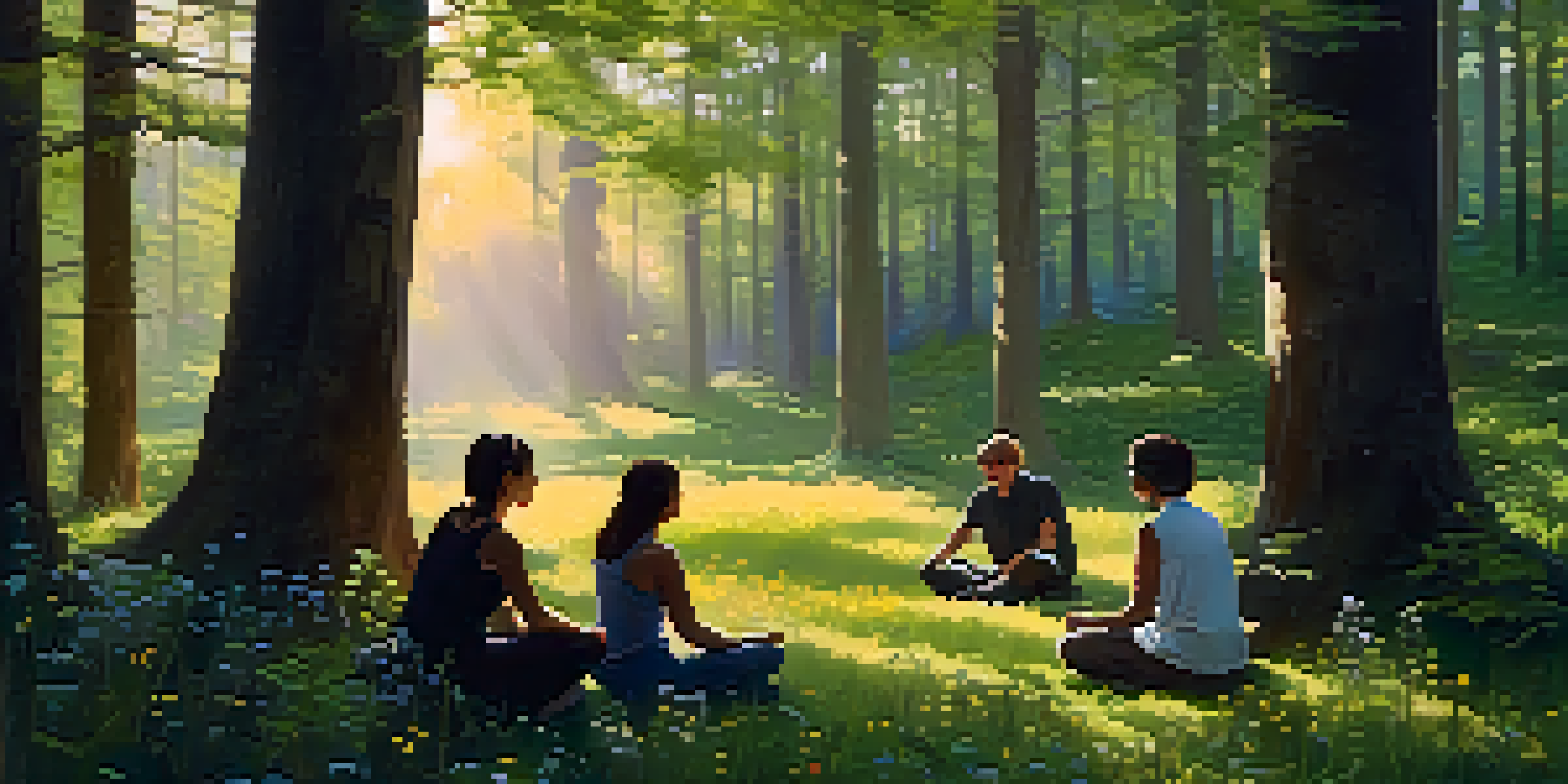 A peaceful forest clearing at dusk with a diverse group of people meditating in a circle, surrounded by greenery and soft golden light.