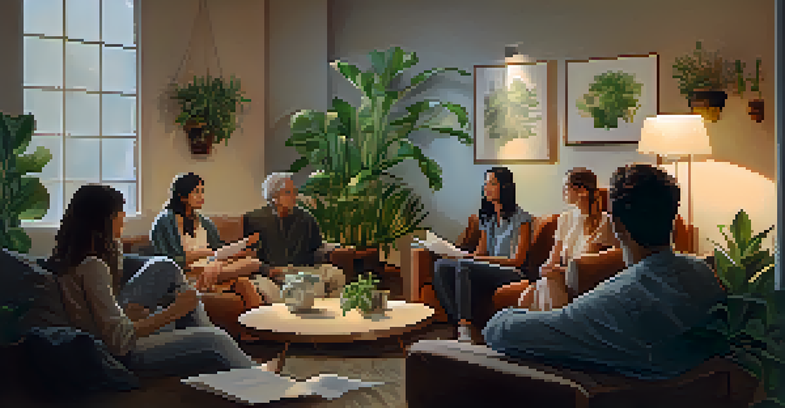 A cozy, dimly-lit room filled with plants, where participants are seated on cushions, engaged in heartfelt discussion about their experiences in a warm and supportive environment.