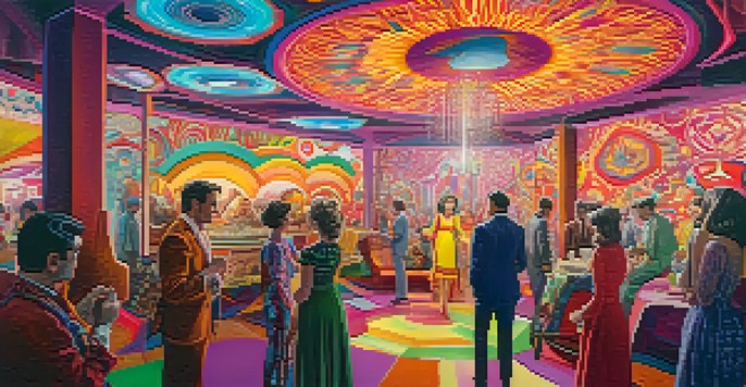 A colorful scene from a 1960s psychedelic film set, with diverse individuals in bohemian attire and abstract visual effects in the background.