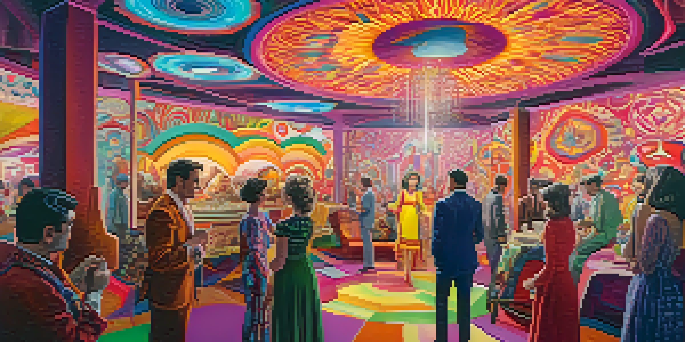 A colorful scene from a 1960s psychedelic film set, with diverse individuals in bohemian attire and abstract visual effects in the background.