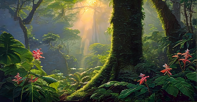 A peaceful scene of the Amazon rainforest at dawn, showing a vine wrapped around a tree with sunlight filtering through the leaves and colorful flowers on the ground.
