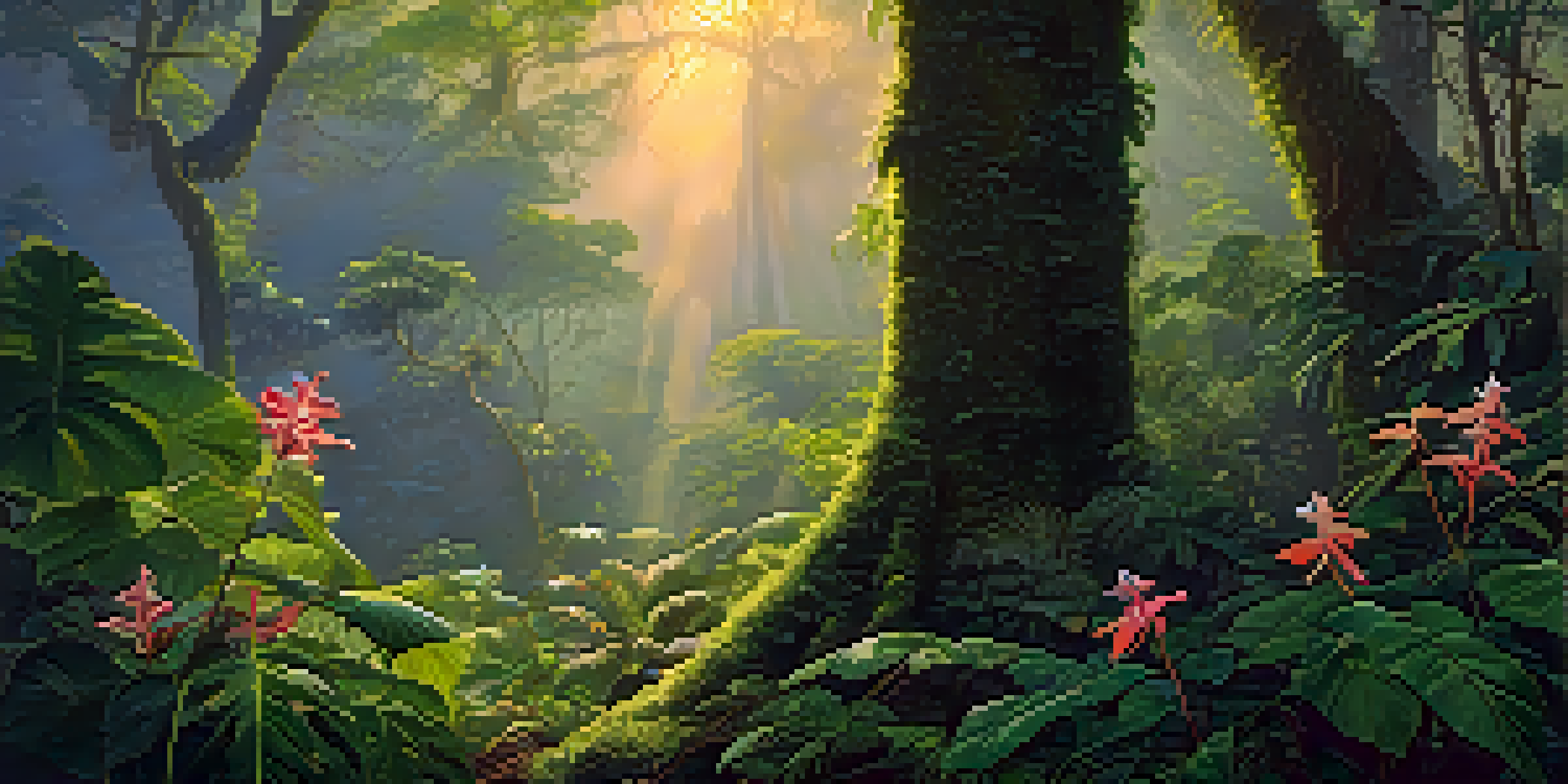 A peaceful scene of the Amazon rainforest at dawn, showing a vine wrapped around a tree with sunlight filtering through the leaves and colorful flowers on the ground.