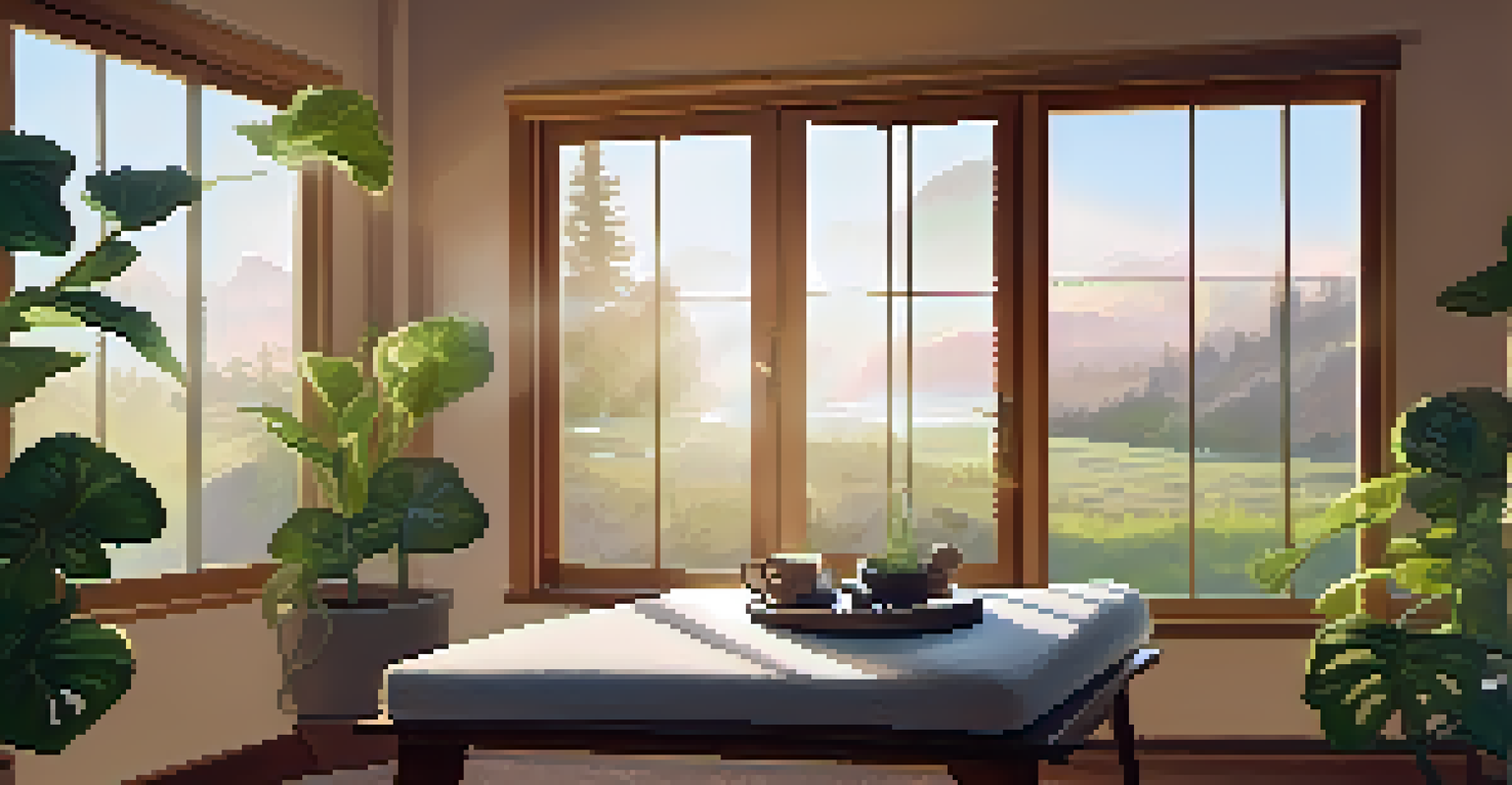 A cozy wellness retreat room with cushions, plants, and psilocybin mushrooms on a table, illuminated by soft sunlight.