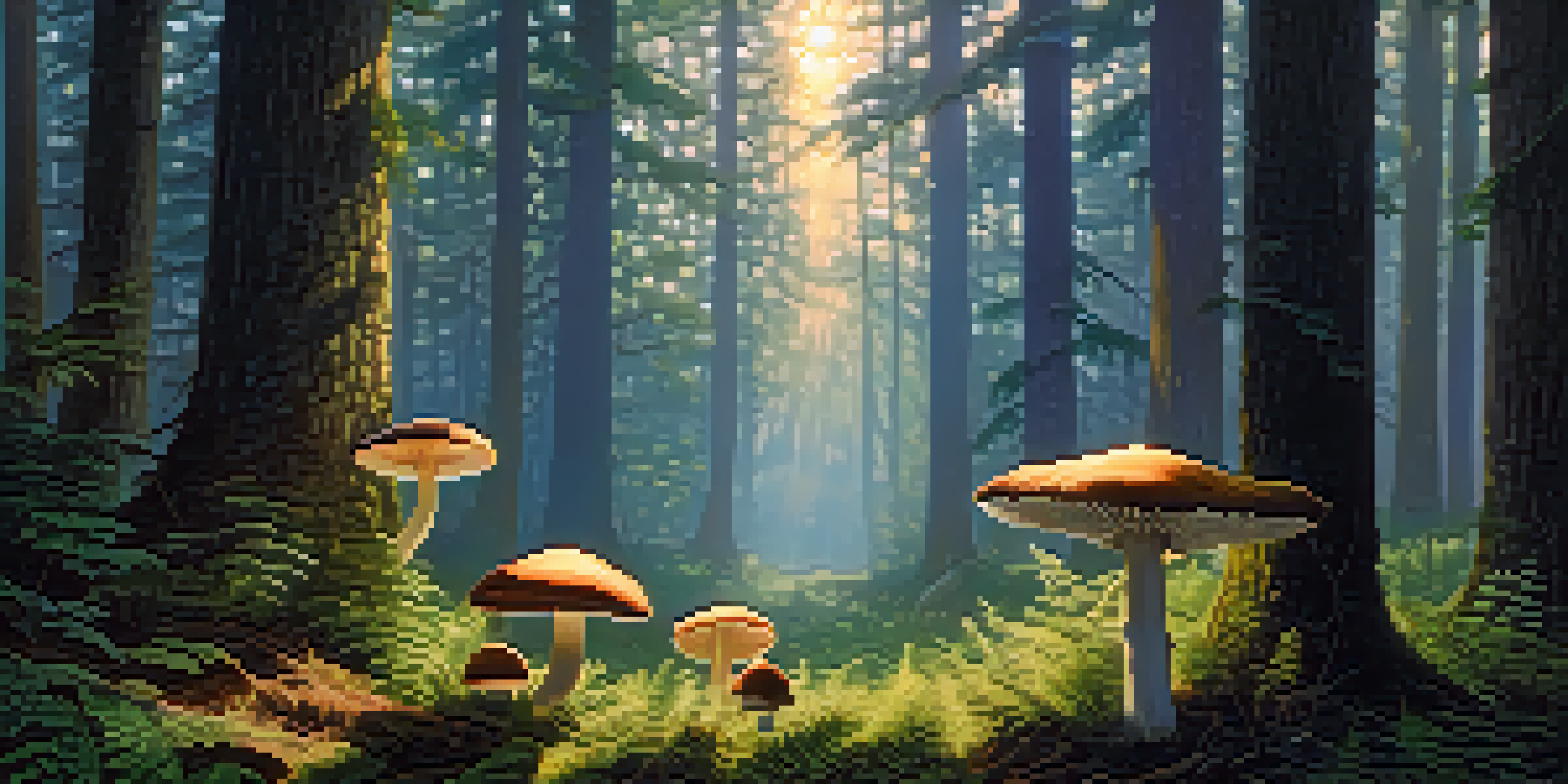 A peaceful forest clearing at dawn with mist and vibrant green trees, featuring a circle of psilocybin mushrooms in the center.