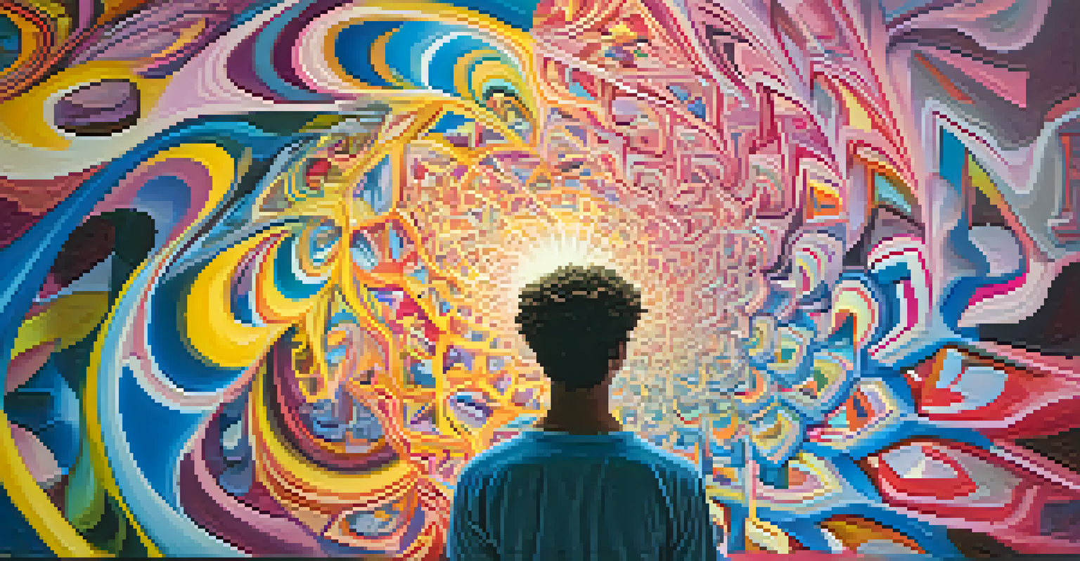 An abstract representation of a psychedelic experience with swirling colors and fractal shapes, depicting a person gazing into a kaleidoscope of ideas.