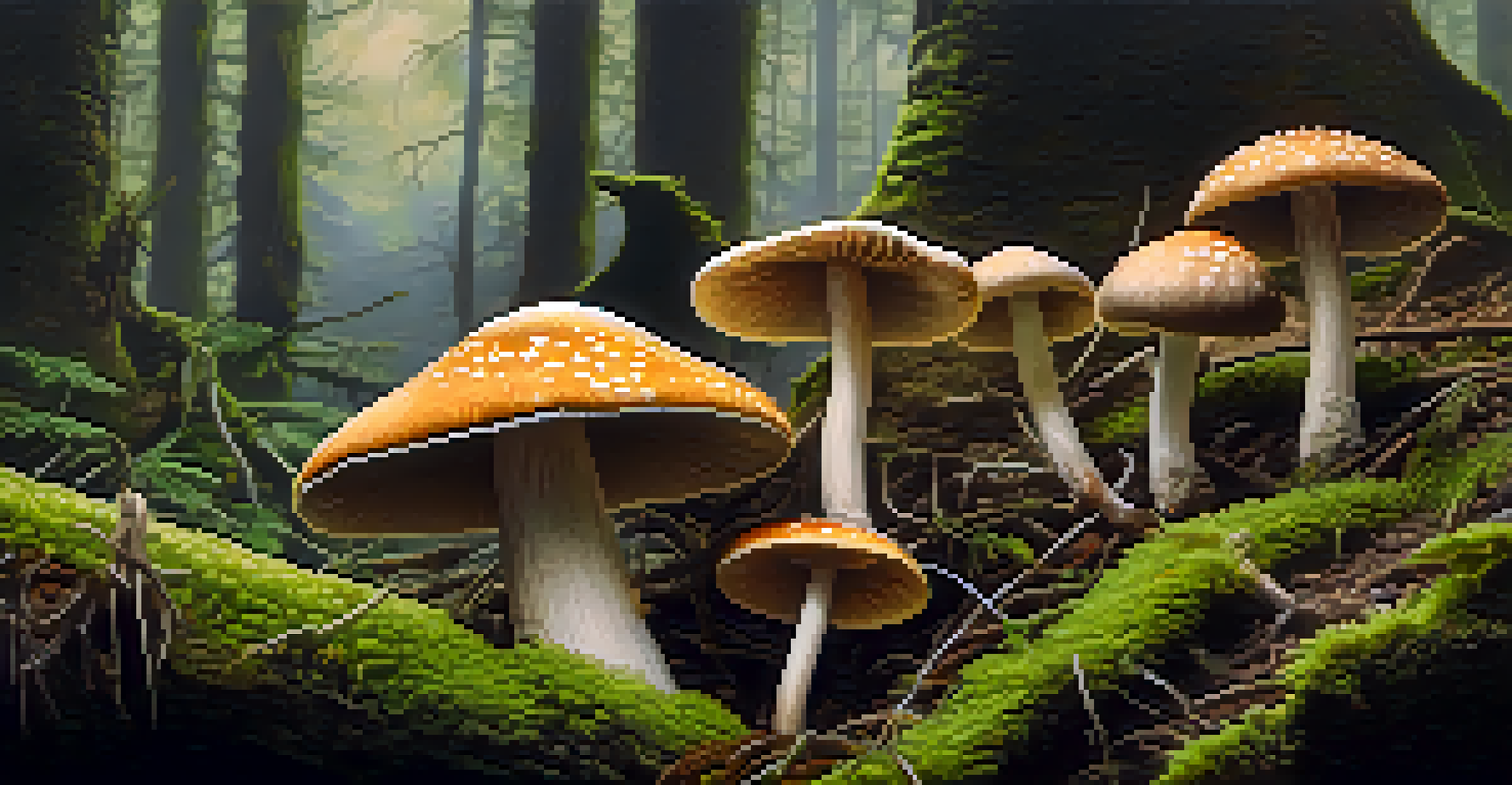 Close-up of psilocybin mushrooms on a mossy forest floor, highlighting their intricate details.