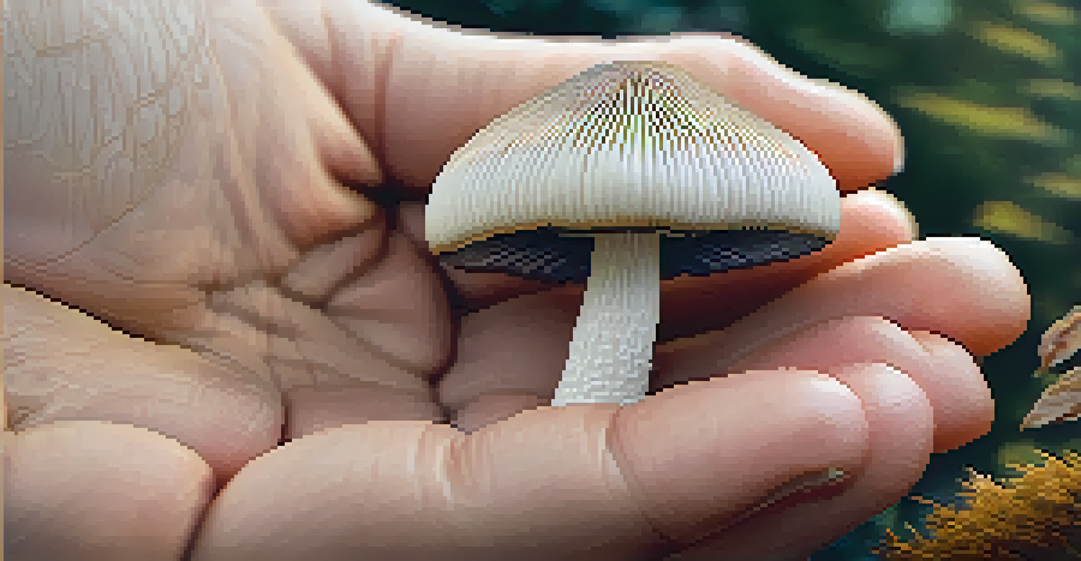 A close-up of a hand holding a psilocybin mushroom with detailed gills and texture.