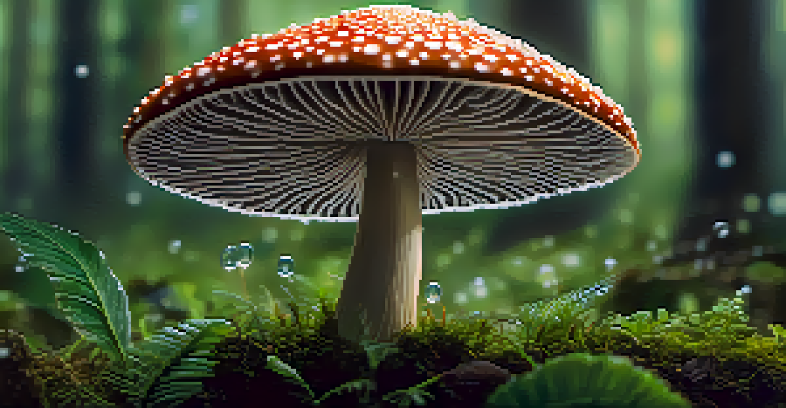 A close-up view of a psilocybin mushroom in a forest, showcasing its gills and cap with dew droplets, framed by blurred greenery.