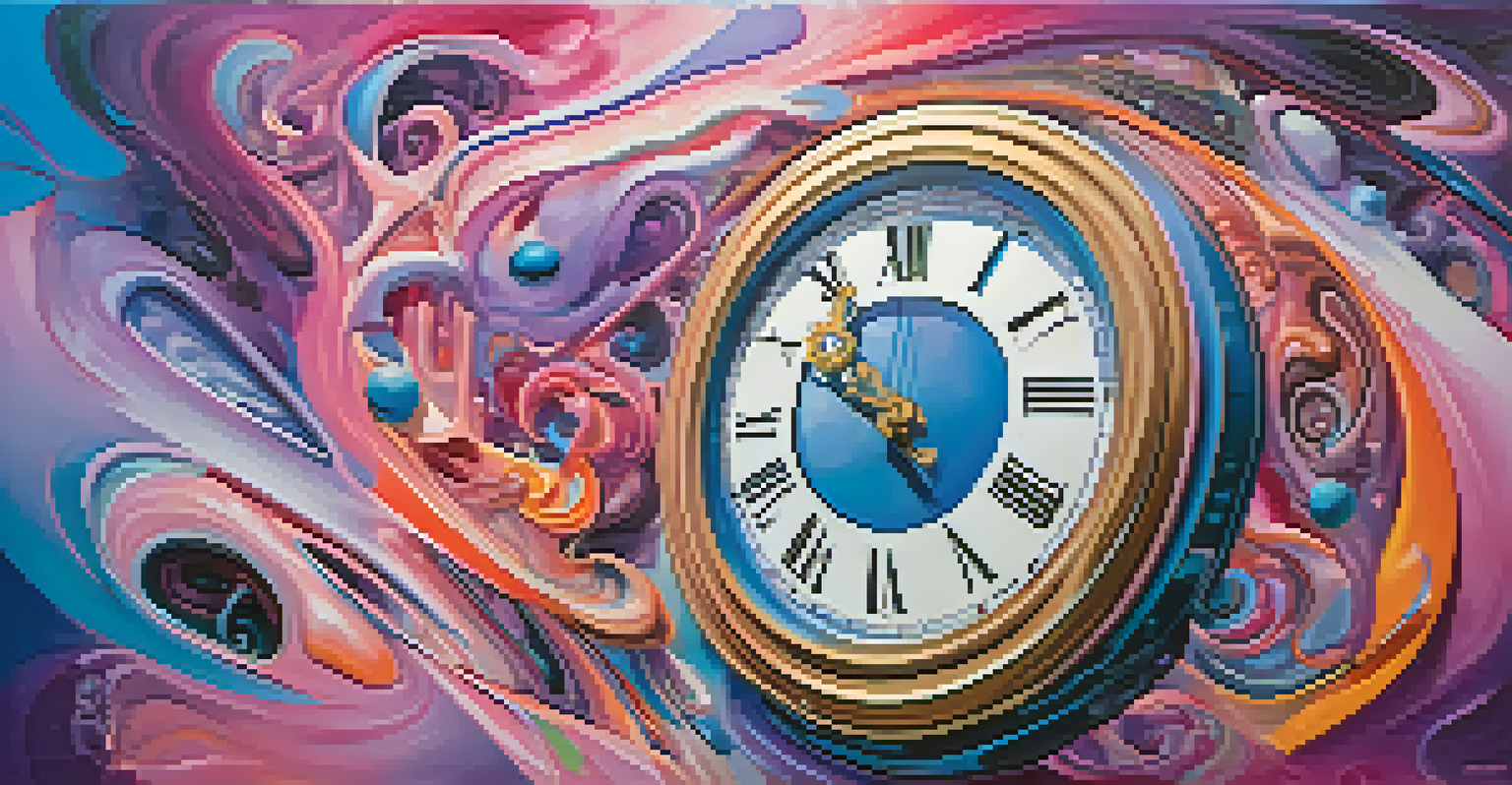 An abstract image of a melting clock with swirling colors representing the distortion of time perception.