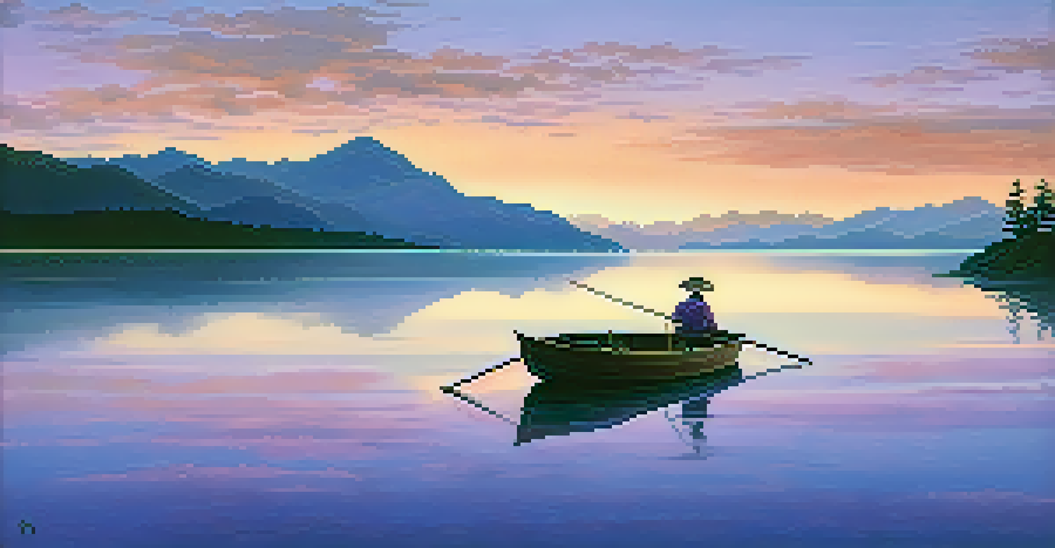 A serene lakeside view at sunset with colorful reflections in the water.