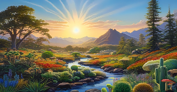A peaceful landscape with green plants and flowers, a stream, and mushrooms and cacti in the foreground, illuminated by a golden sunset.