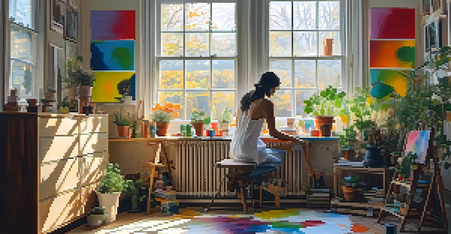 An artist in a studio with colorful canvases, warm light, and plants, focusing on painting.