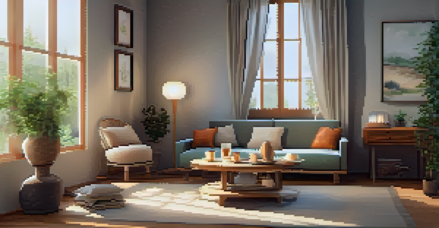 A warm indoor therapeutic space with soft lighting, cushions, herbal teas, and a notebook, creating a calming atmosphere.