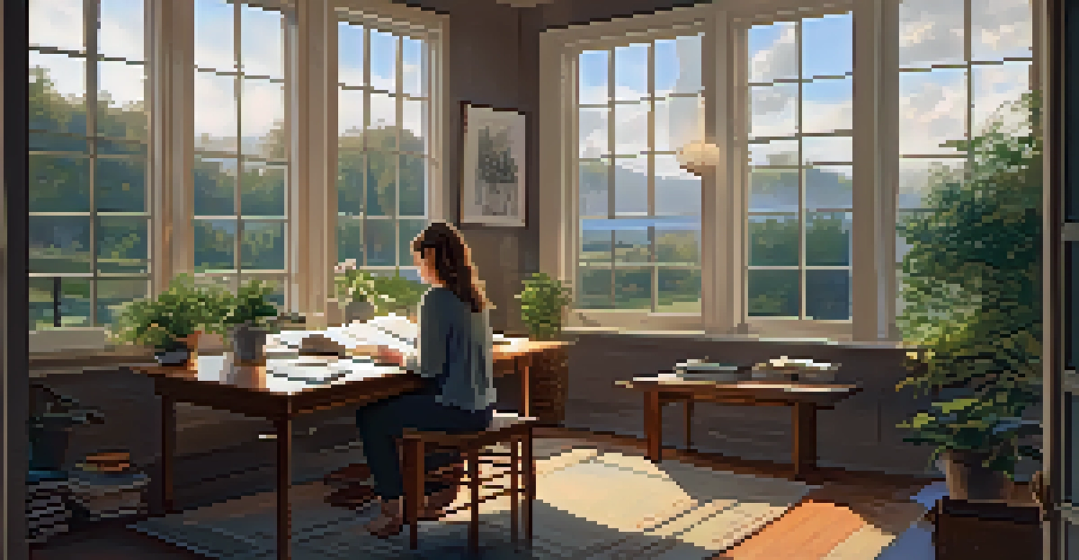 A cozy room with a person journaling at a desk surrounded by candles and plants.