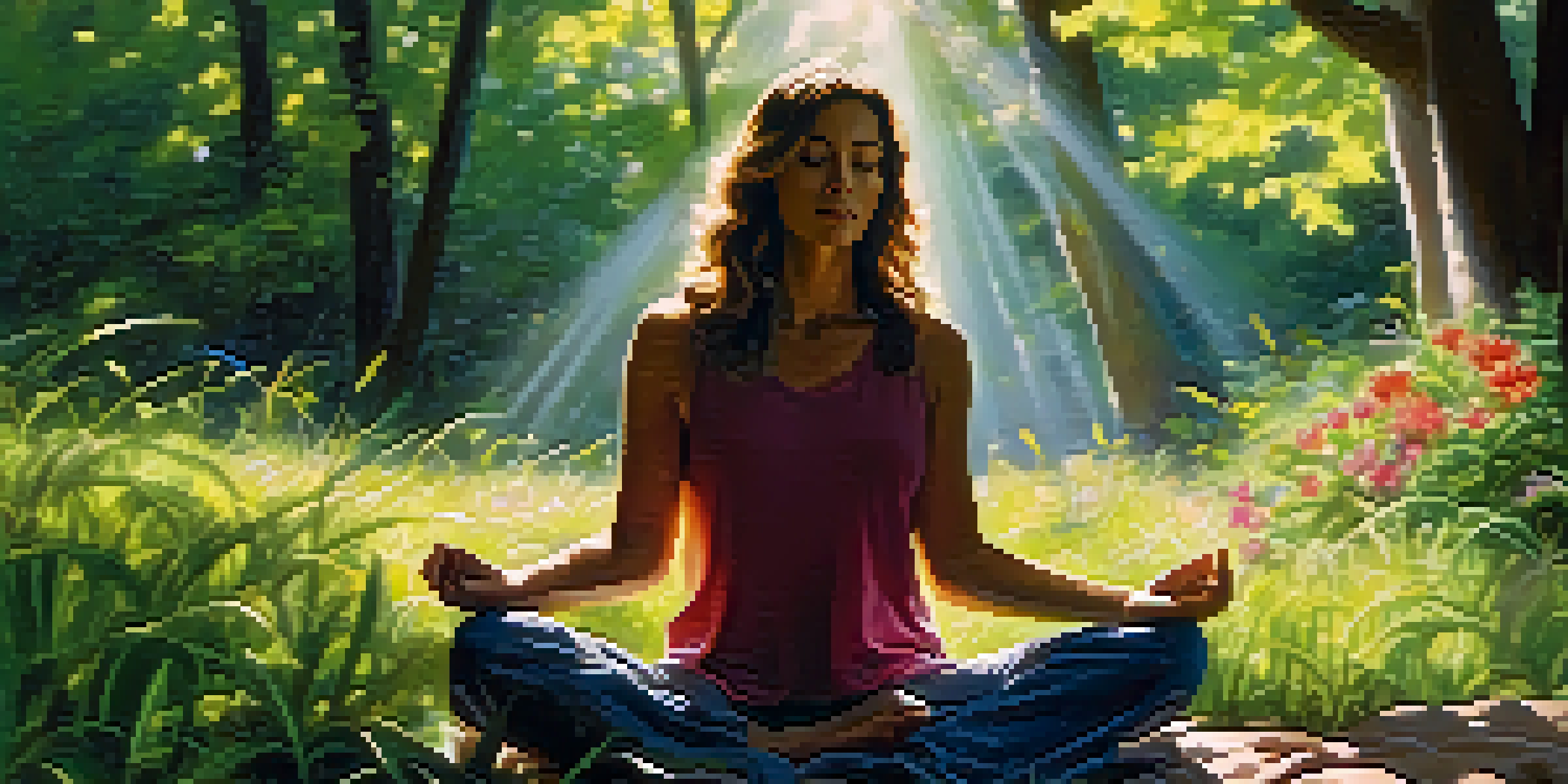 A person meditating in a lush forest, bathed in sunlight with colorful wildflowers around.