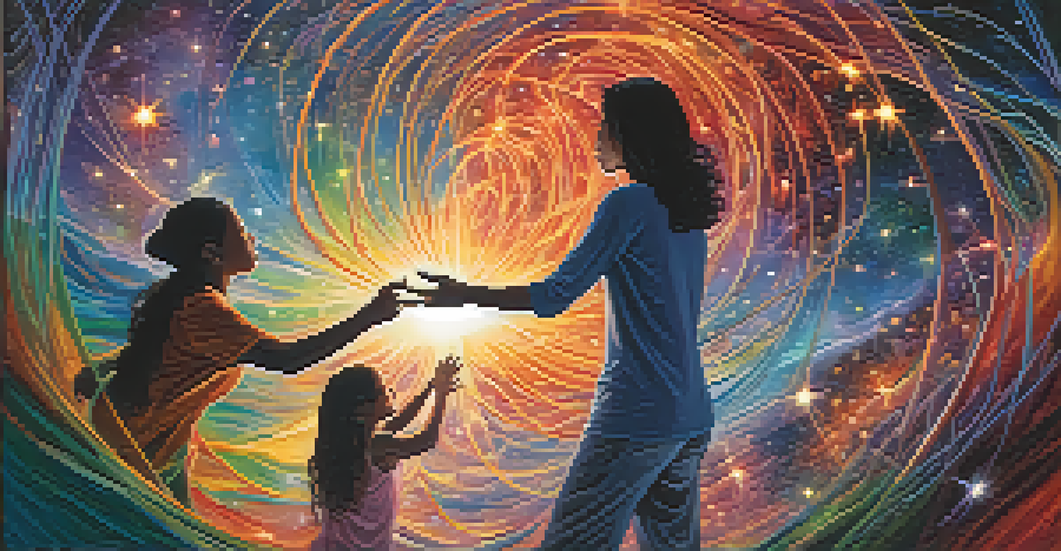 An abstract cosmic landscape with galaxies and stars, featuring human silhouettes connecting through colorful light.