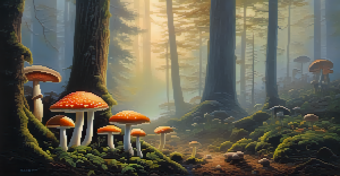 A tranquil forest with sunlight filtering through trees, colorful mushrooms in the foreground, and a misty atmosphere.