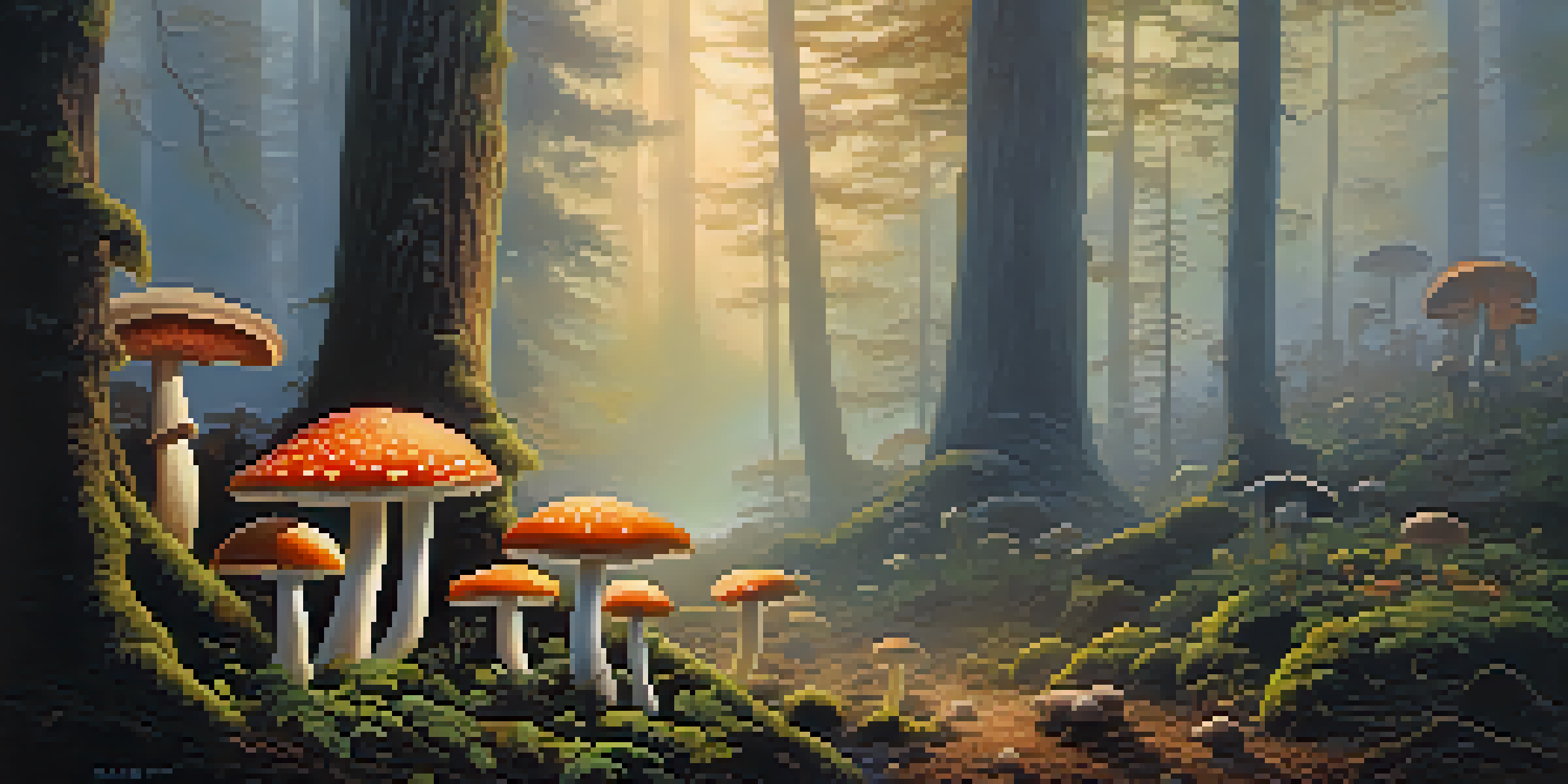 A tranquil forest with sunlight filtering through trees, colorful mushrooms in the foreground, and a misty atmosphere.
