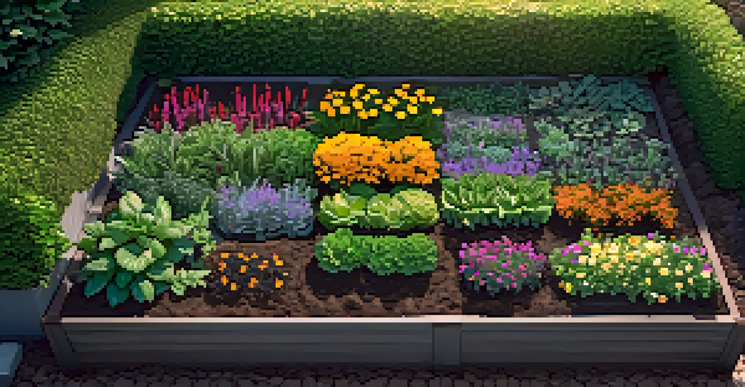 An aerial view of a raised garden bed with diverse entheogenic plants and rich soil.