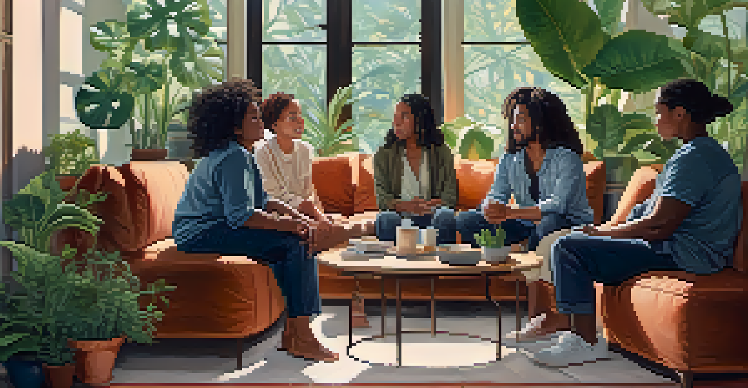A group of diverse individuals sitting in a warm room, sharing stories and expressing empathy.