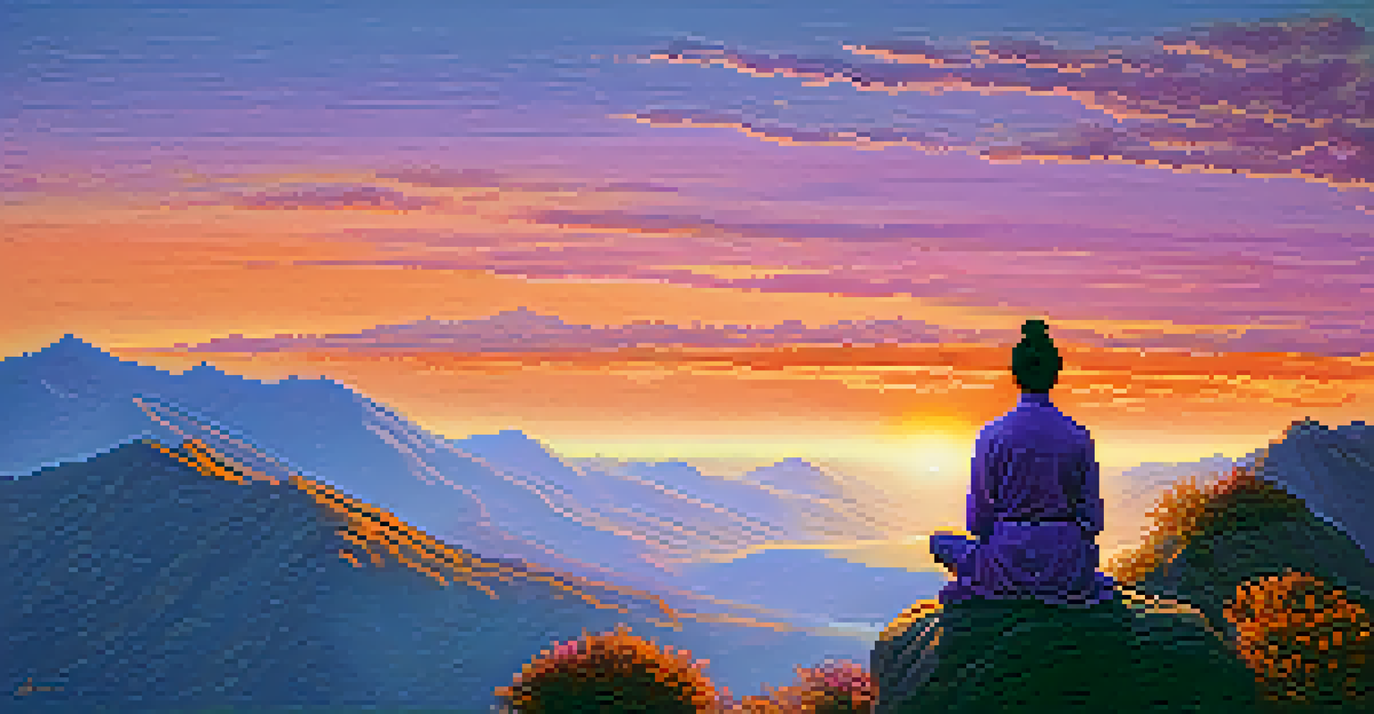 A person meditating on a mountain at dawn, with a colorful sky and a vast landscape in the background.