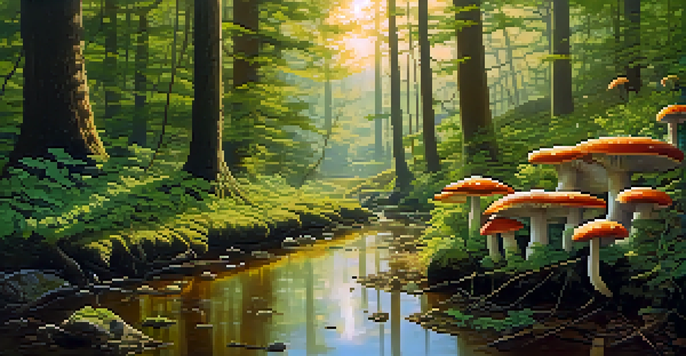 A peaceful forest with green leaves, sunlight filtering through trees, and mushrooms on the ground.