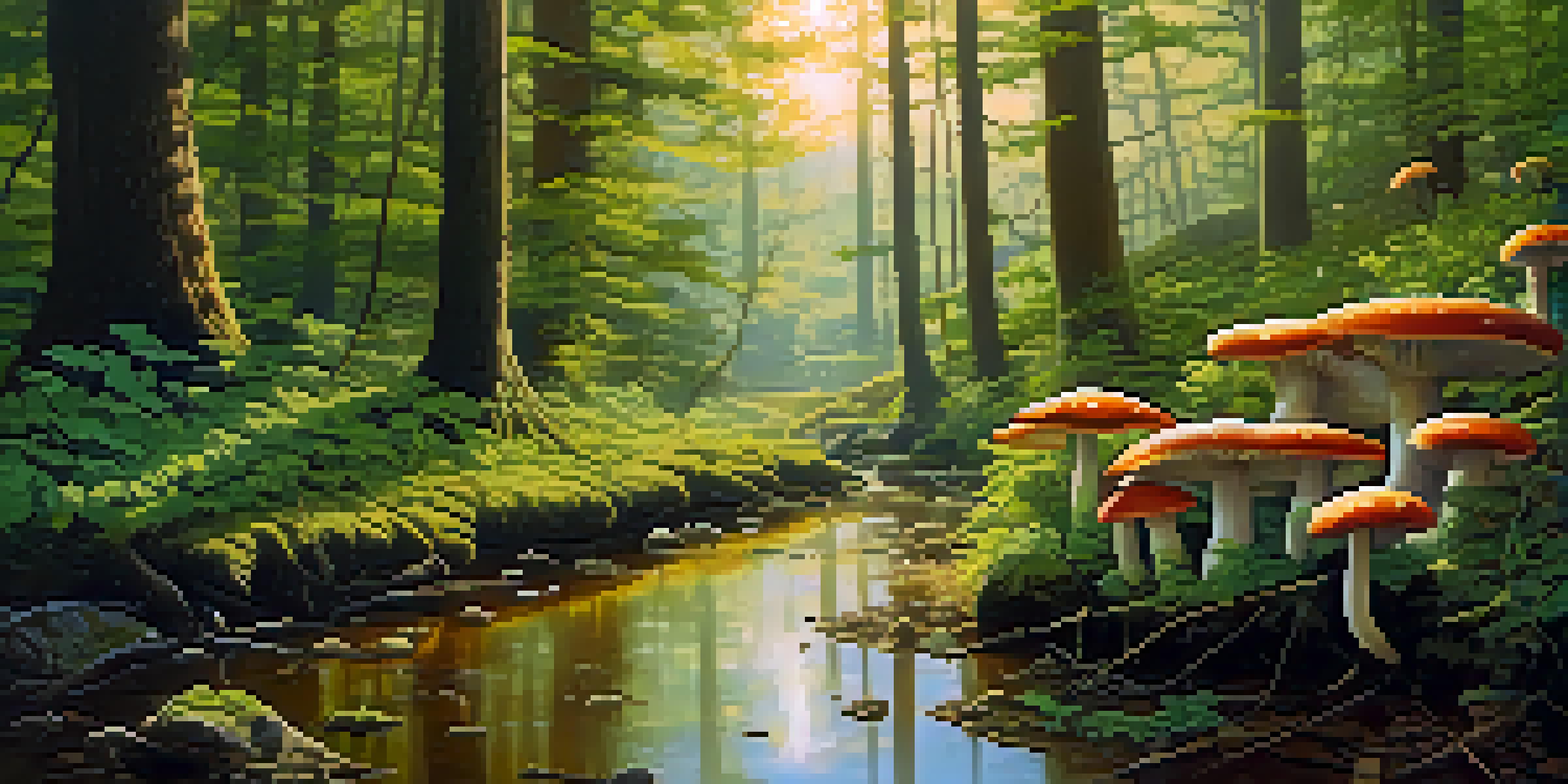 A peaceful forest with green leaves, sunlight filtering through trees, and mushrooms on the ground.