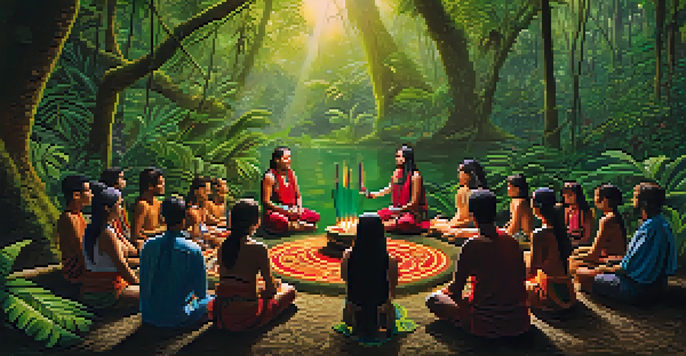 An Indigenous shaman leading an ayahuasca ceremony in a vibrant Amazon rainforest, surrounded by participants in meditation and lush greenery.