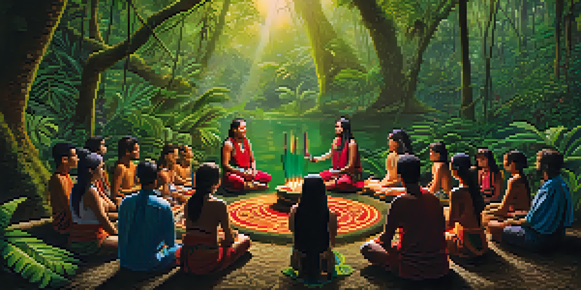 An Indigenous shaman leading an ayahuasca ceremony in a vibrant Amazon rainforest, surrounded by participants in meditation and lush greenery.