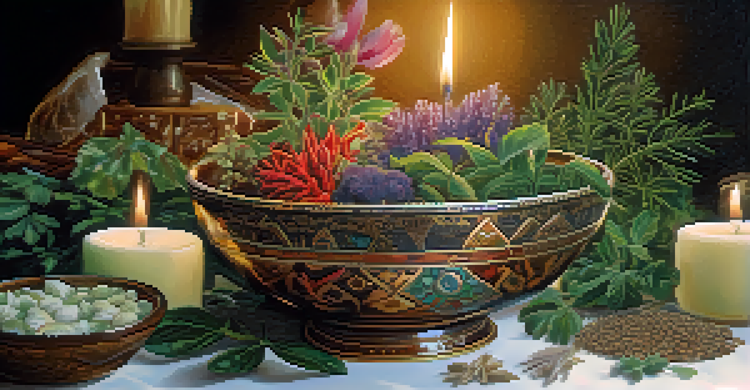 A close-up of hands holding a ceremonial bowl filled with herbs, set in a softly lit sacred environment.