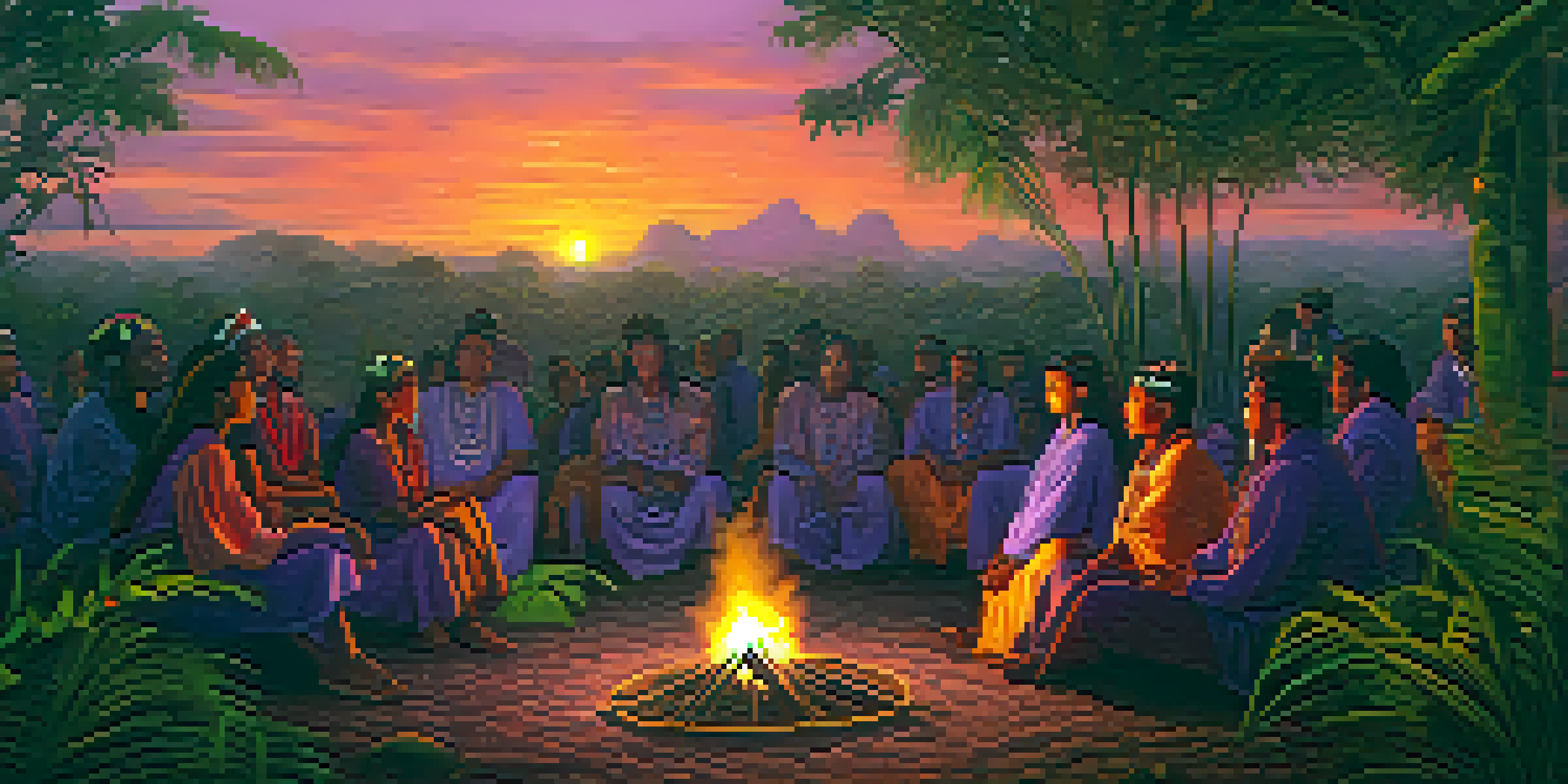 Indigenous people gathered around a bonfire in the Amazon rainforest, engaged in a ceremonial ritual with colorful attire and painted faces against a sunset backdrop.