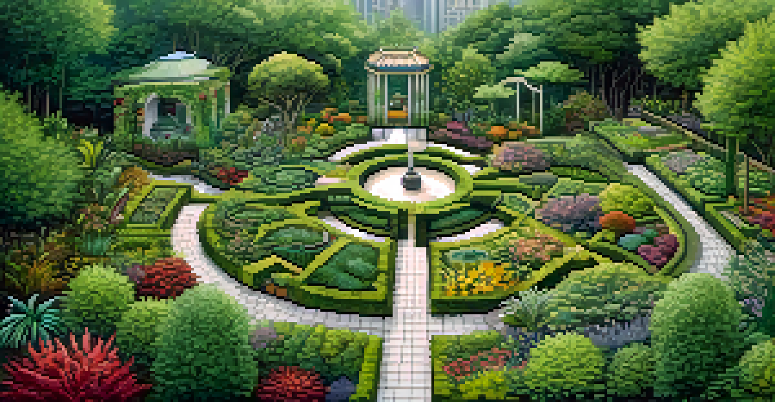 Aerial view of a garden microclimate, showcasing different plant zones, pathways, and water features.