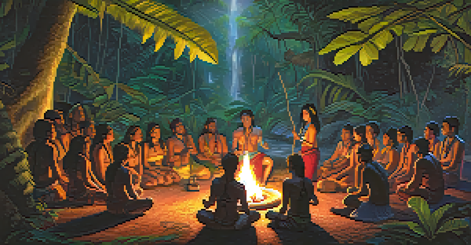 Participants in an ayahuasca ceremony in a South American jungle, gathered around a fire with a shaman, illuminated by the firelight.
