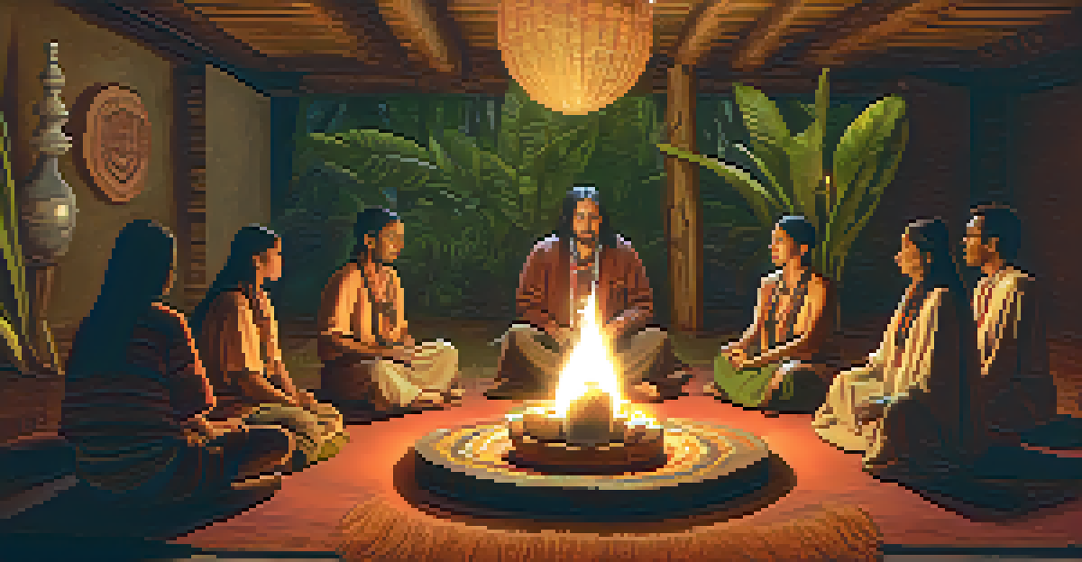 A warm and inviting ayahuasca ceremony with participants in a circle, guided by a shaman in a cozy room filled with plants and candles.