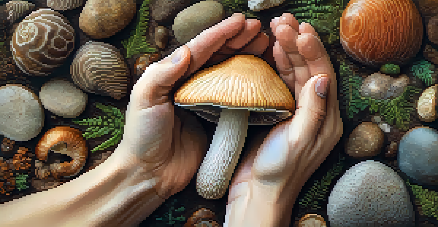 A close-up of a hand holding a psilocybin mushroom against a textured earthy background, emphasizing the mushroom's unique patterns.