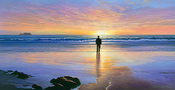 A person stands on a rocky shore at sunset, with arms outstretched towards a vast ocean reflecting vibrant colors.