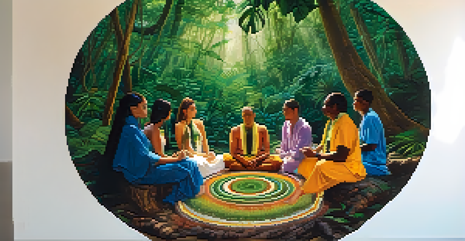 A group of people in an ayahuasca ceremony in the Amazon rainforest, surrounded by lush greenery.